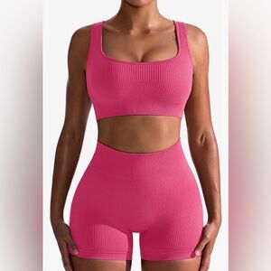 Seamless biker short and bra workout set.